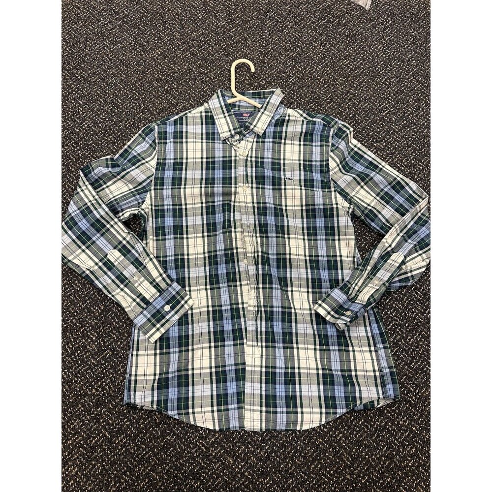 Vineyard Vines Button-Down Shirt Men's Medium Green White Plaid Whale Shirt